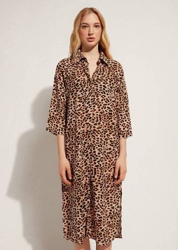 Calzedonia Animal Patterned Midi Shirt Cover-ups Dames Bruin | BE2067HK
