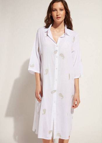 Calzedonia Embroidered Paisley Lamé Midi Shirt Cover-ups Dames Wit | BE2079WY