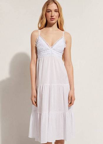 Calzedonia Midi Jurken in Macramé Kanten and Ruffled Skirt Cover-ups Dames Wit | BE2104QZ