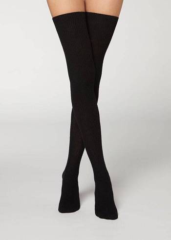Calzedonia Thigh High Socks with Open Knit Wol Kousen Dames Zwart | BE1270NB